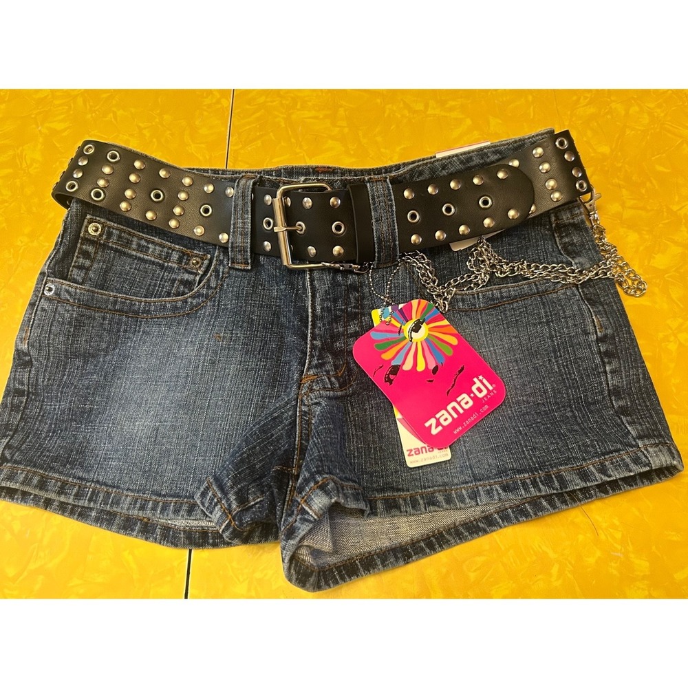 VTG Y2K Zana Di Denim Short Shorts W/ Black Studded Belt Size 11 NWT Boho Hippie